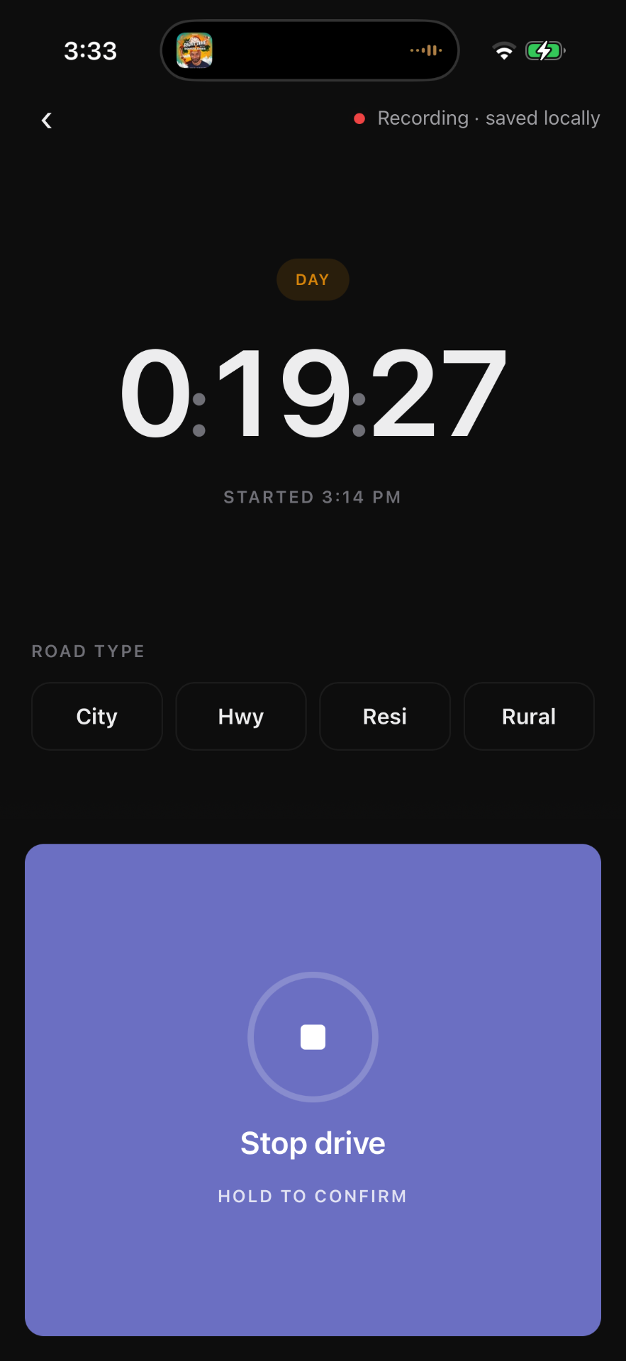 Clocked active driving session timer while logging supervised driving hours