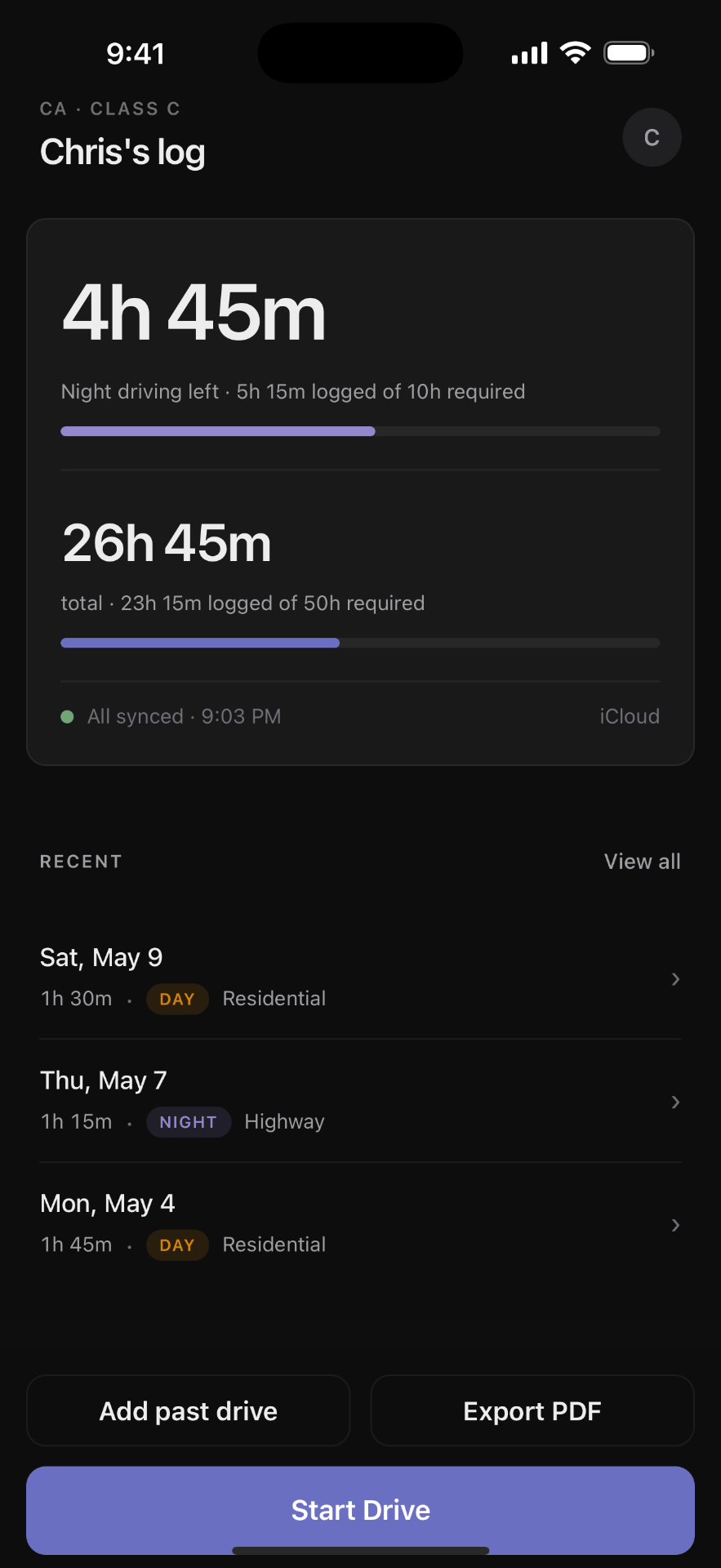 Clocked dashboard showing progress toward California supervised driving hour requirements