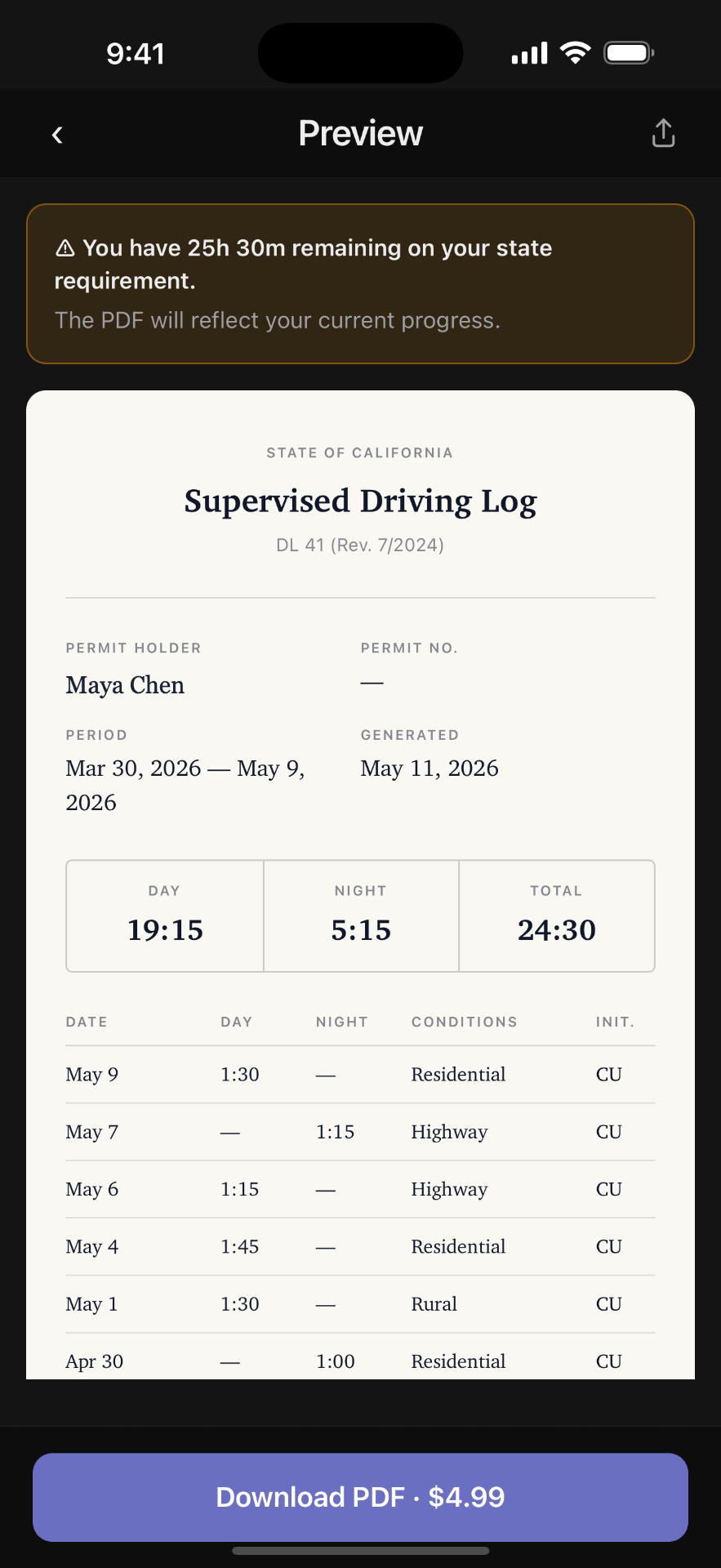 Clocked export preview showing a printable PDF driving log