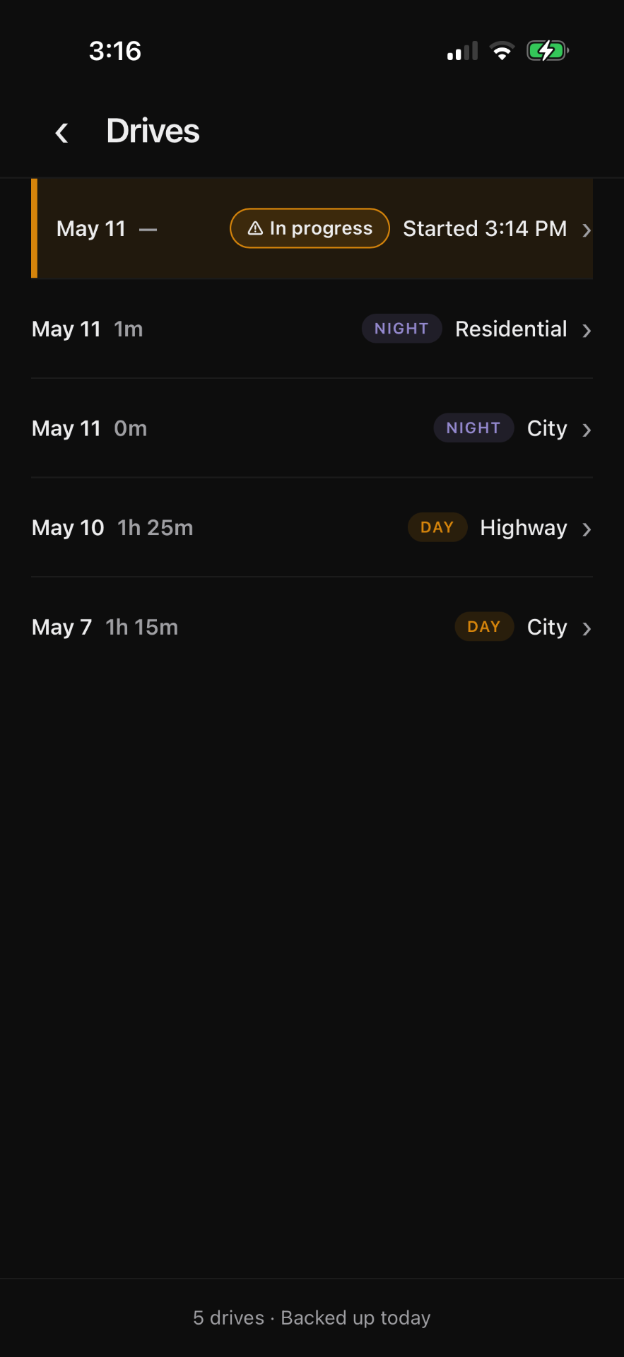 Clocked driving history view showing previously logged sessions