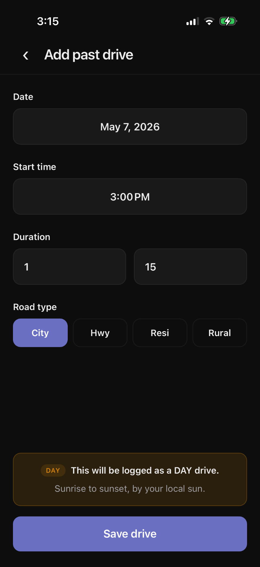 Clocked manual entry screen for adding a past driving session